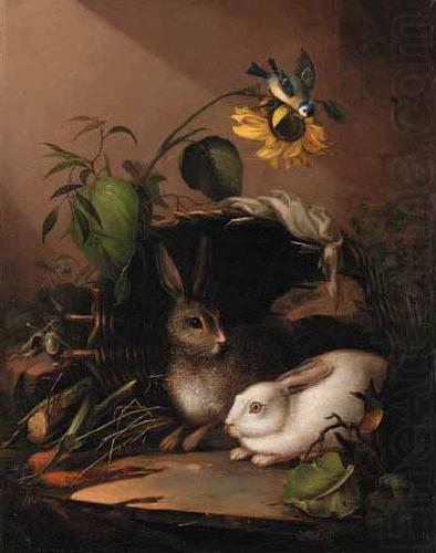 Carl Johann Lasch Two rabbits in an upturned basket with a blue tit on a sunflower china oil painting image